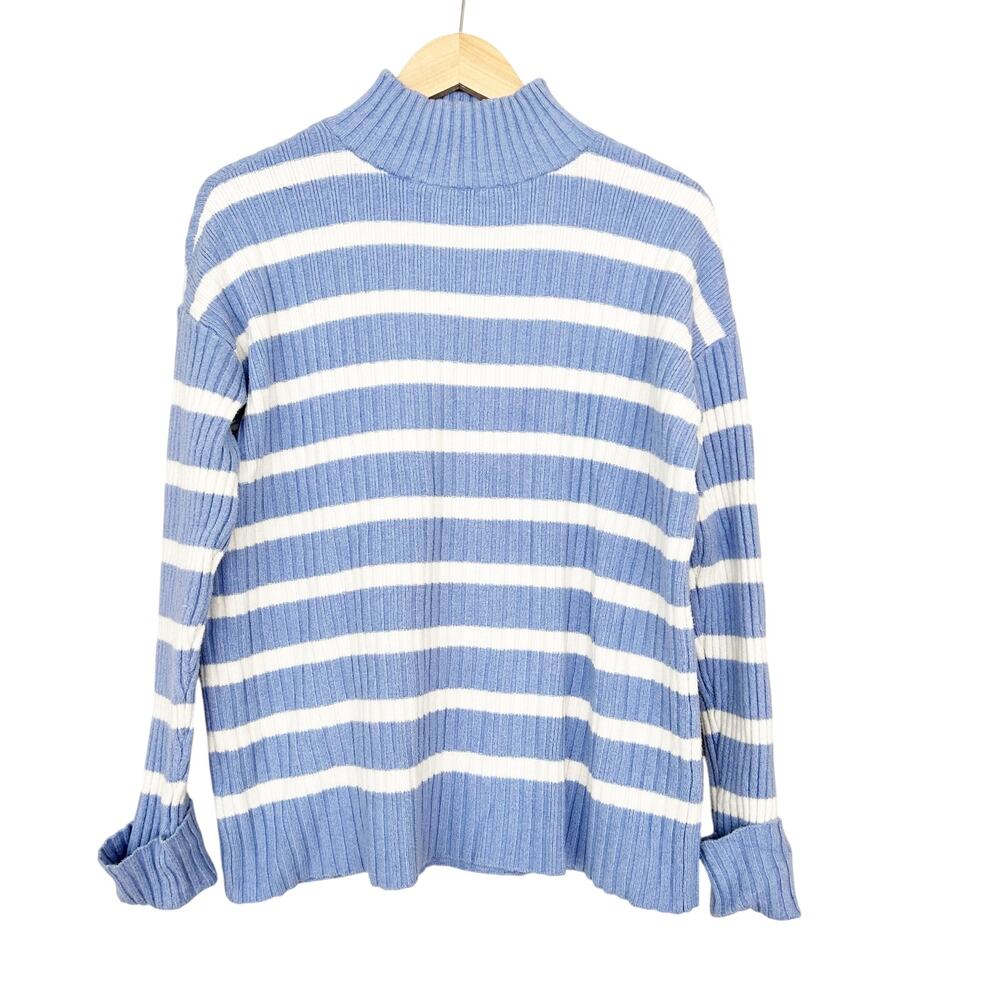 Loft Blue White Striped Ribbed Turtleneck Sweater Sz S